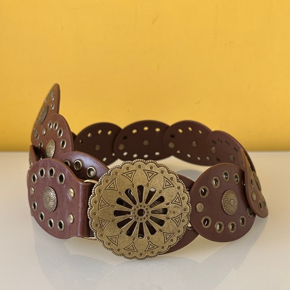 Brown Leather Bohemian Western Belt with Bronze Buckle and Medallions Accents - Picture 5 of 11